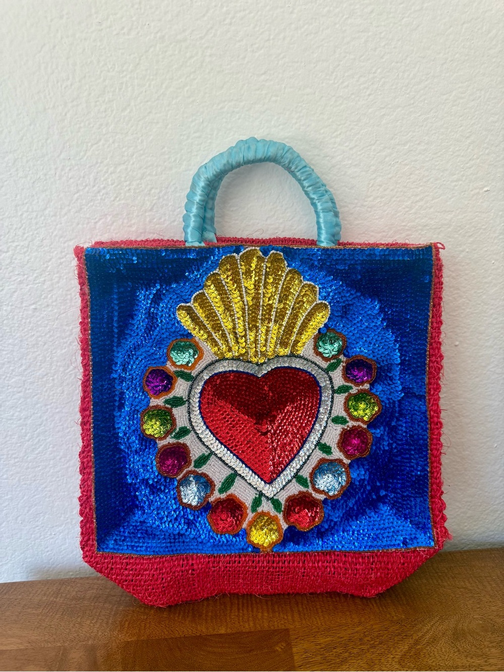 Sequin Heart Embellished Tote Bag - Blue & Red